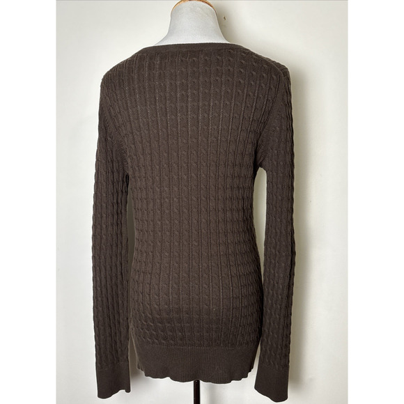Eddie Bauer Brown Cable Knit V-Neck Sweater M Y2K Preppy Retro Classic Cotton - Picture 2 of 7
